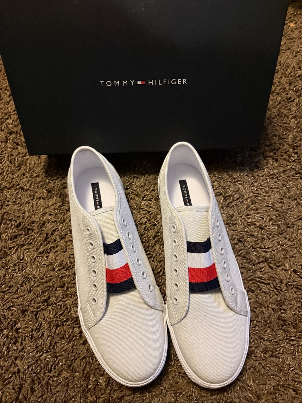 Tommy Hilfiger White Canvas Slip-On Moccasins with Navy and Red Stripe